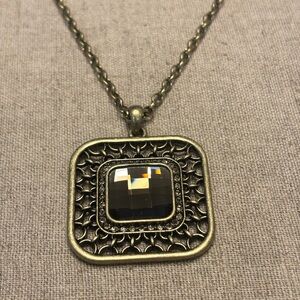 Retired Lia Sophia Statement Necklace Gold Tone Filigree Pendant Brown Crystal